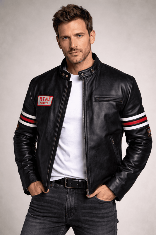 Front view of House M.D. Gregory House black motorcycle leather jacket in genuine leather with zipper closure