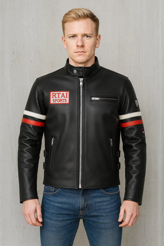 Front view of House M.D. Gregory House black motorcycle leather jacket in genuine leather with zipper closure