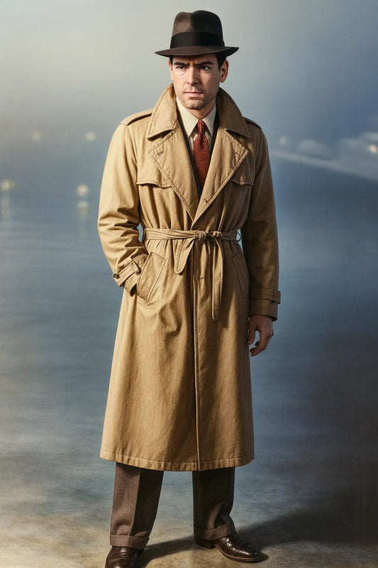 Classic movie style trench coat in brown cotton, back view with belt