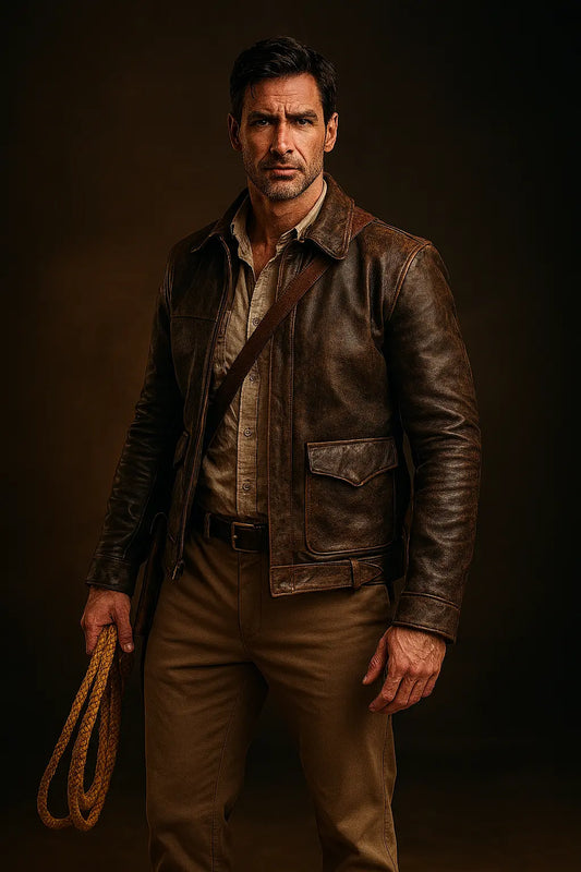 Indiana Jones Brown Genuine Leather Jacket front view with zipper closure