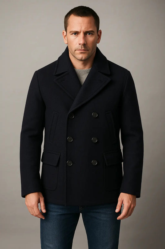 Black James Bond Skyfall Daniel Craig peacoat front view