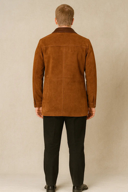 Back view of Joel Miller brown suede leather jacket with classic button closure