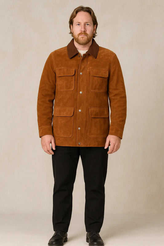 Front view of Joel Miller inspired brown suede leather jacket from The Last of Us