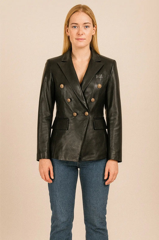 Women’s black genuine leather double-breasted blazer with slim fit