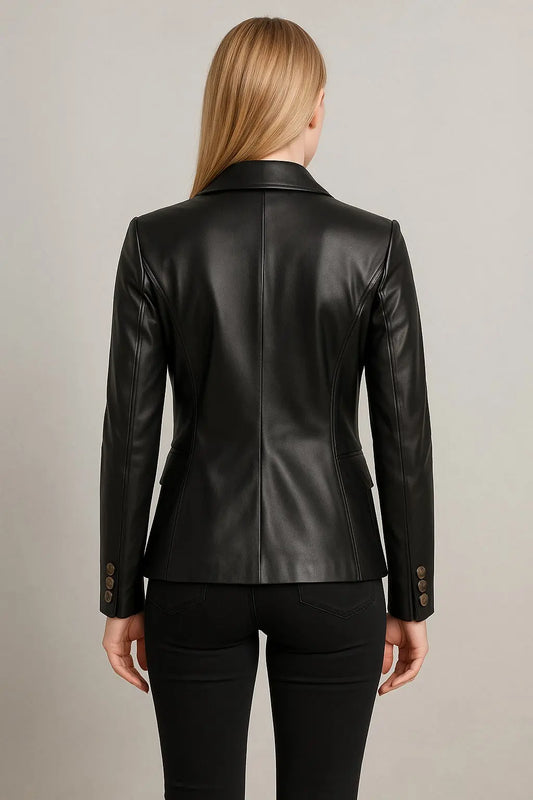 Back view of women’s slim fit black leather blazer with tailored cut
