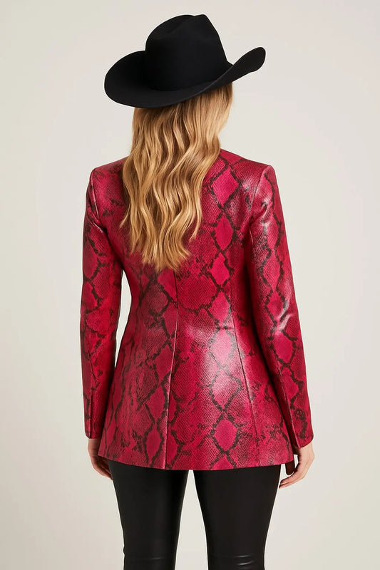 Back view of Lainey Wilson red snakeskin genuine leather blazer women
