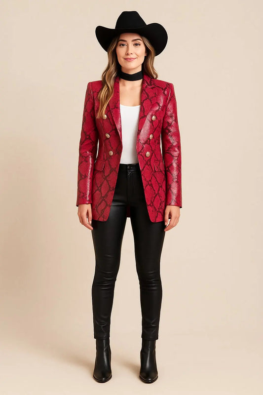 Lainey Wilson red genuine leather snakeskin blazer front view Grammy outfit