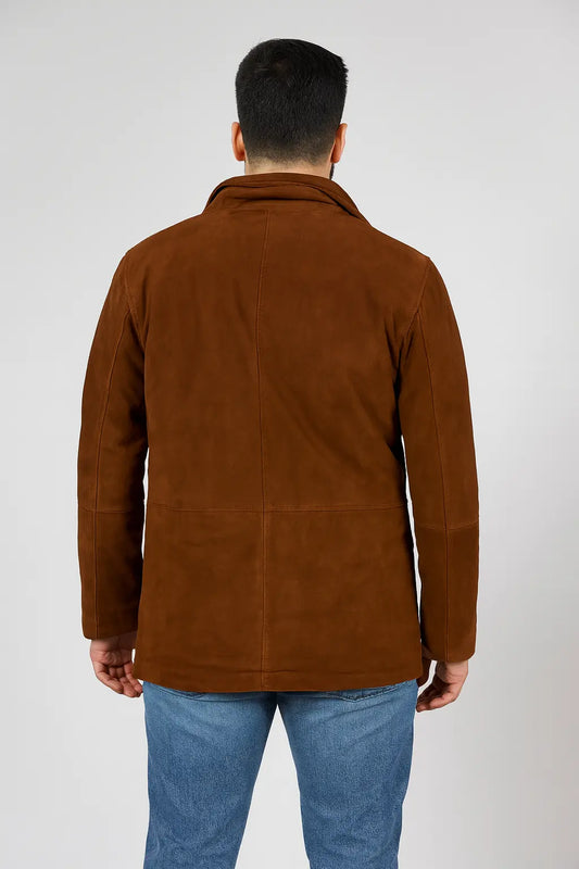 Back view of Robert Taylor Longmire sheriff suede coat in brown