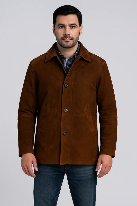 Front view of Longmire-inspired brown suede coat with button closure