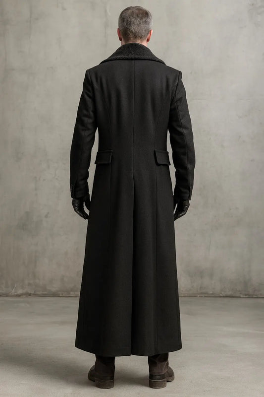 Men’s double-breasted gray wool detective coat with long back design, tailored fit, and structured shoulders – back view