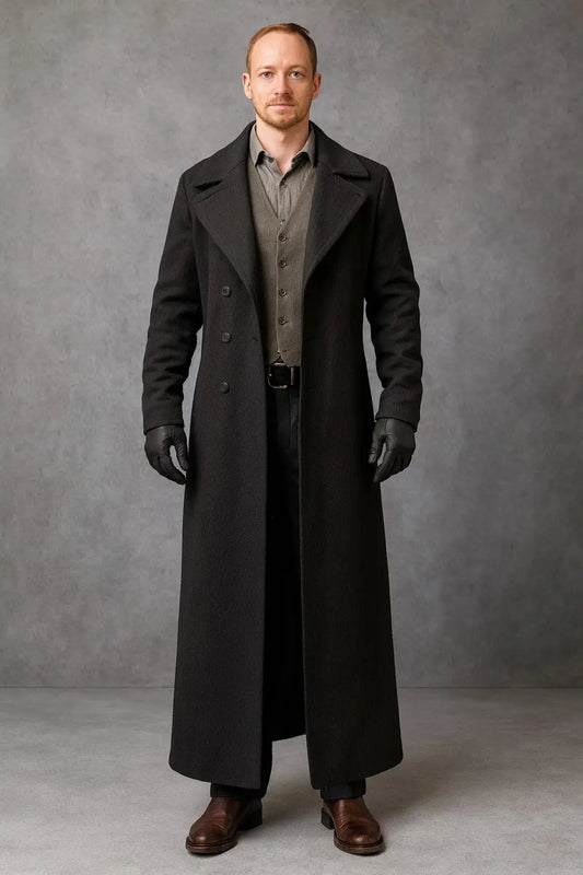 Men’s double-breasted gray wool detective coat with button closure, full-length design, and wide lapels – front view