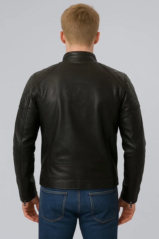 Back view of Metal Gear 2 Solid Snake Black Leather Jacket featuring quilted detailing and screen-accurate design