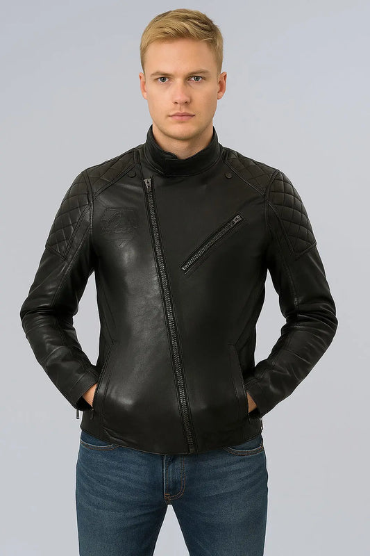 Front view of Metal Gear 2 Solid Snake Black Leather Jacket in genuine leather with button closure and quilted shoulders