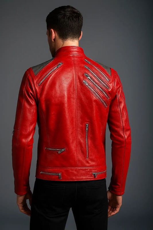 Michael Jackson Beat It Red Genuine Leather Jacket back view with stylish zipper details