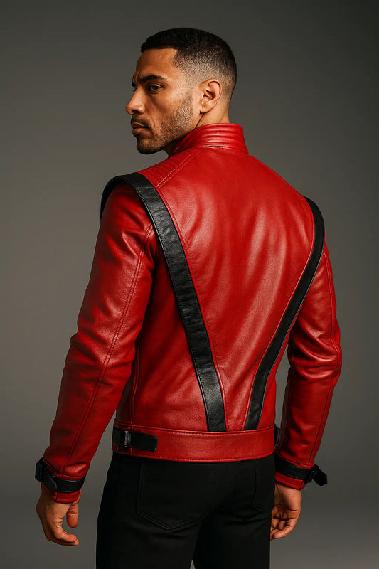 Michael Jackson Thriller Red Genuine Leather Jacket back view with signature V-shaped black design