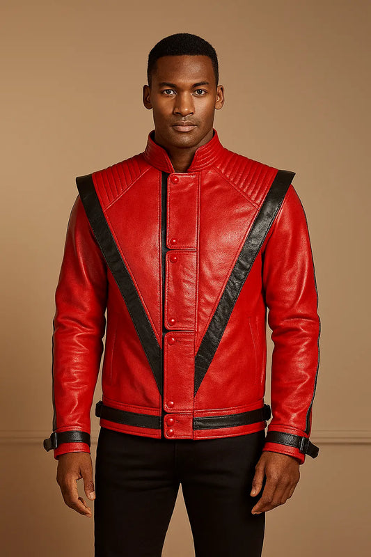 Michael Jackson Thriller Red Genuine Leather Jacket front view with black accents