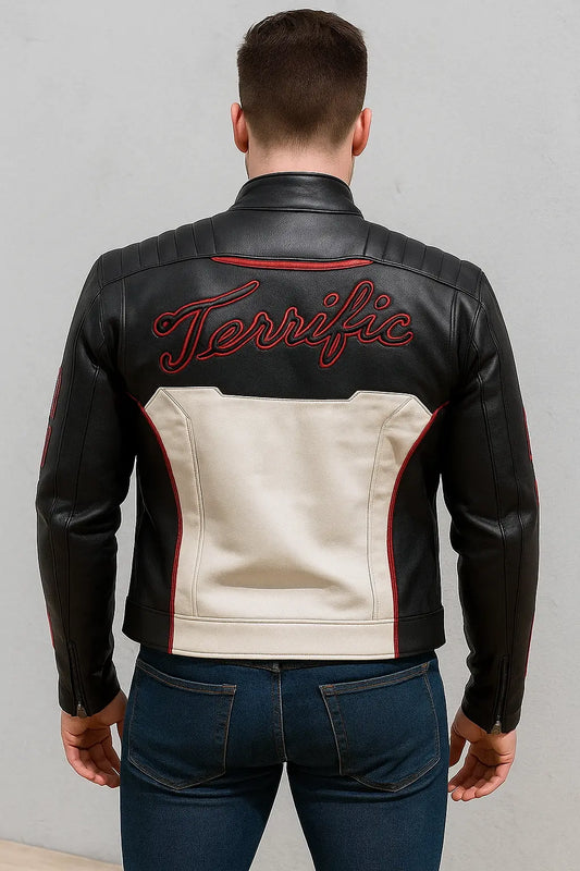 Back view of Mister Terrific Superman 2025 leather jacket featuring Terrific embroidered design and red accents