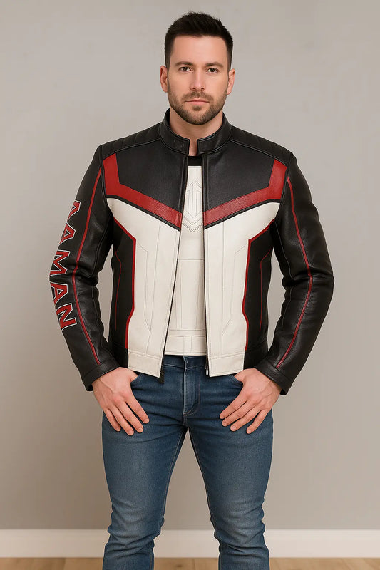 Front view of Mister Terrific Superman 2025 black and white leather jacket with red accents and zipper closure