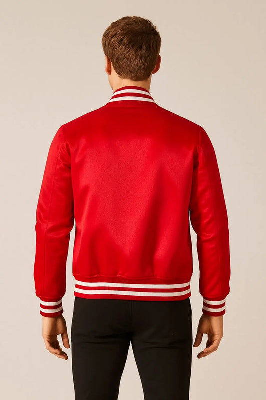 Back view of Mitchell & Ness NBA x Hennessy red satin varsity jacket with striped ribbed hem and cuffs