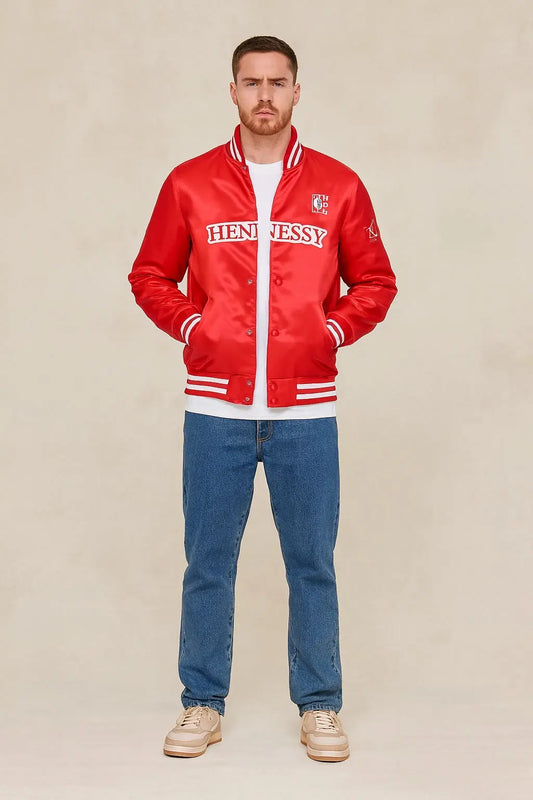 Front view of Mitchell & Ness NBA x Hennessy red satin varsity jacket with Hennessy spell out logo