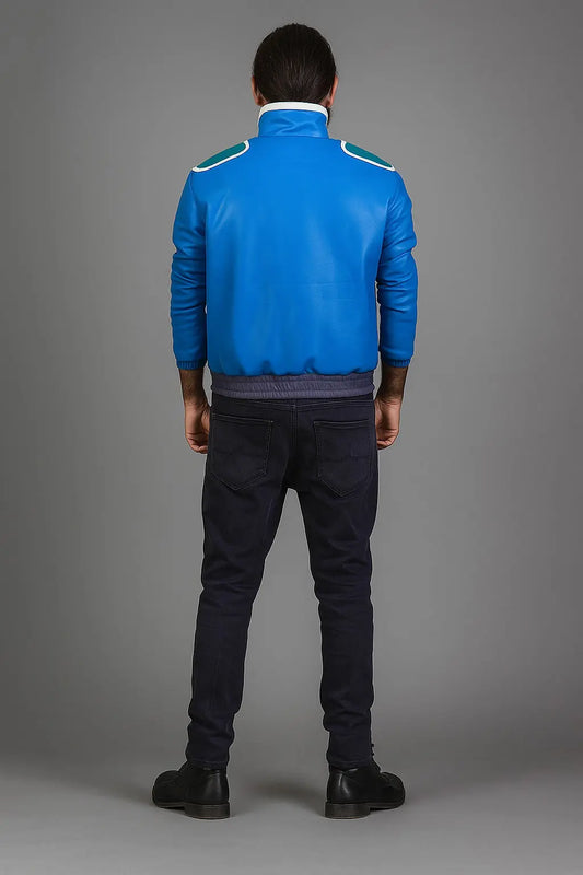 Back view of Johnny Cage Mortal Kombat 11 cosplay jacket in faux leather with white and green accents