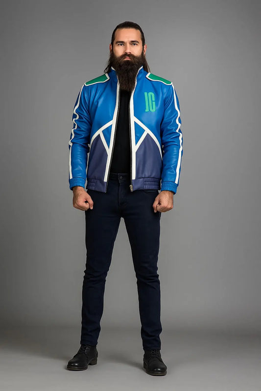 Front view of Mortal Kombat 11 Johnny Cage blue faux leather jacket with multicolor design