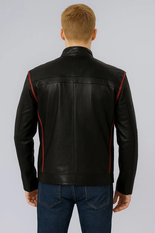 Back view of N7 Mass Effect Black Leather Jacket with red stripe detailing