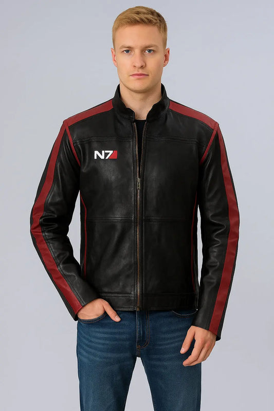 Front view of N7 Mass Effect Commander Shepard Black Leather Jacket with red stripes and zipper closure