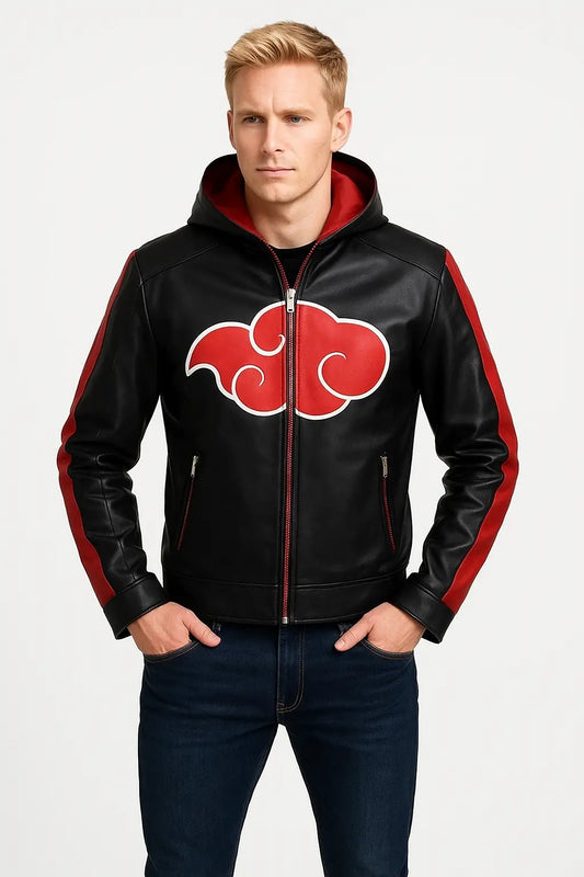 Black and red Naruto Akatsuki hooded leather jacket front view with iconic red cloud emblem.