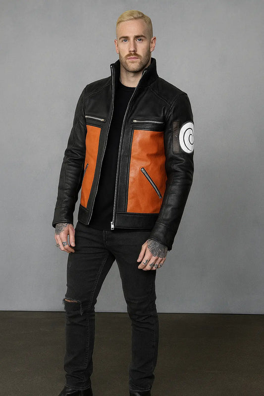 Naruto Shippuden Uzumaki Naruto Black & Orange Leather Jacket Front View