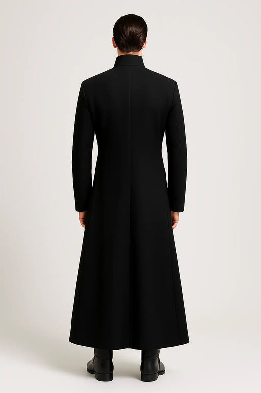 Neo Matrix black wool trench coat back view