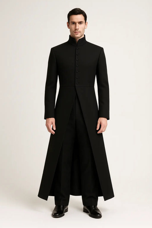 Neo Matrix black wool trench coat front view