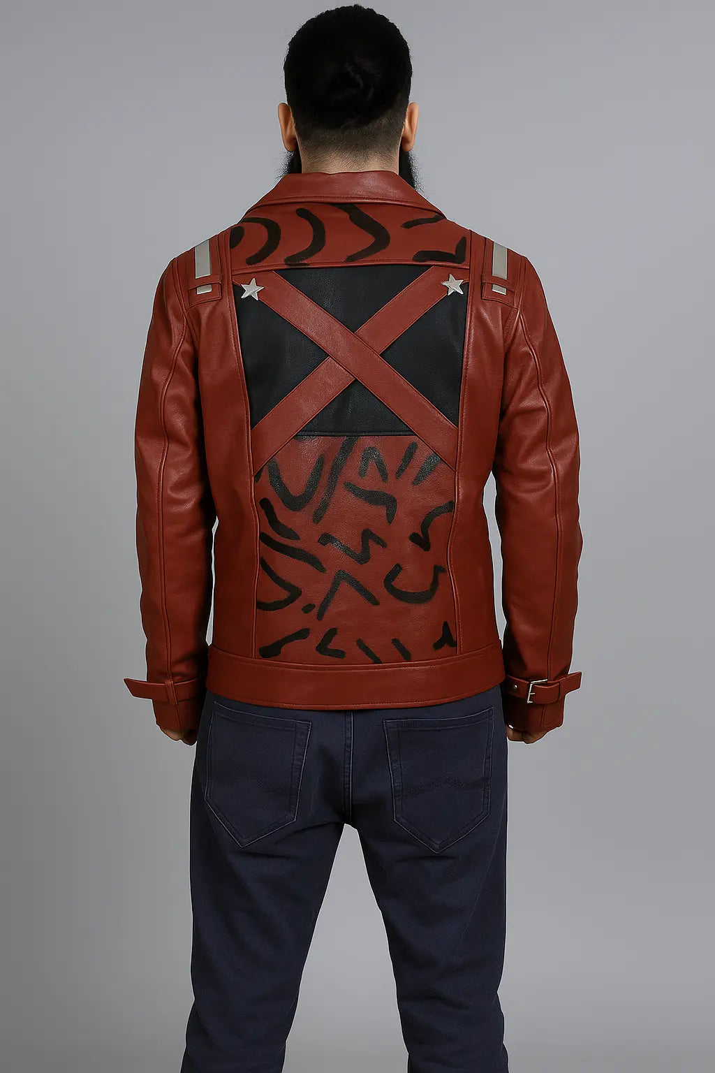 Back view of Travis Touchdown Red Leather Jacket with black graphic accents and cross-strap design
