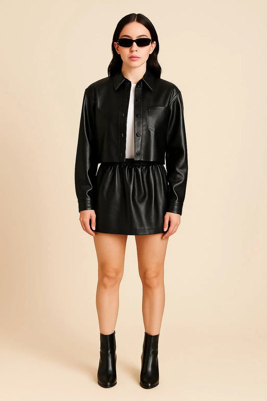 Charli XCX-inspired black genuine leather jacket front view