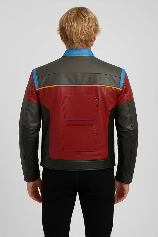 Back view of PAW Patrol Ryder cosplay jacket with multicolor leather design