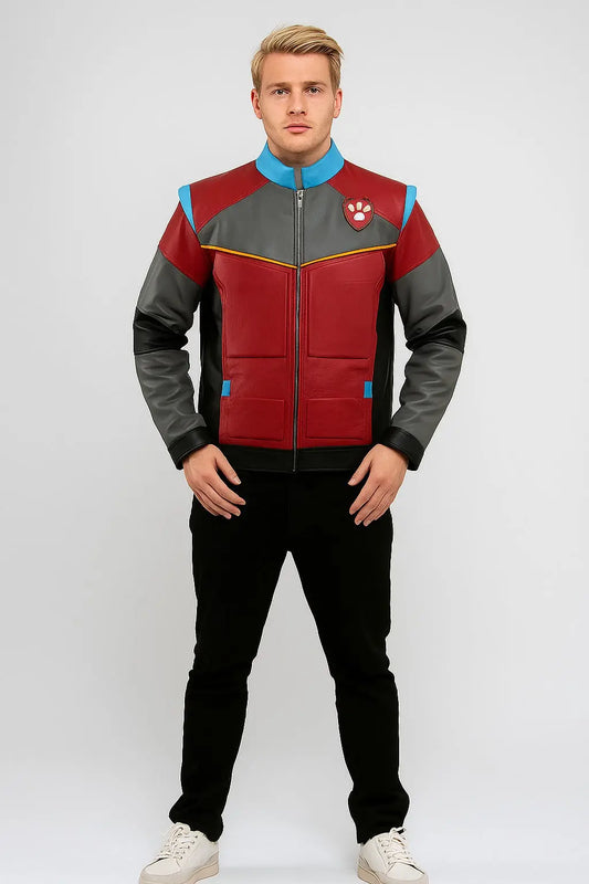 PAW Patrol The Mighty Movie 2023 Ryder jacket front view in red, gray, blue, and yellow genuine leather