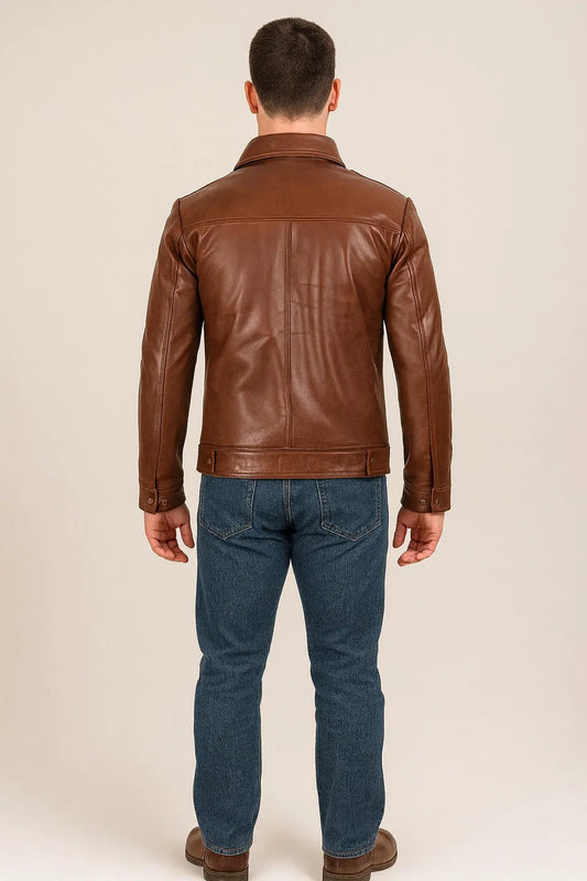 Reeves Men’s Brown Harrington Genuine Leather Jacket Back View