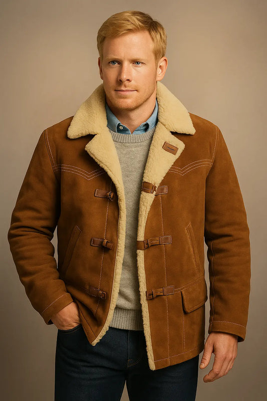 Front view of Robert Redford inspired brown shearling leather jacket with button closure.