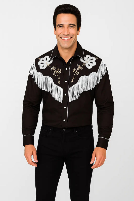 Ryan Gosling Barbie inspired black suede western shirt with fringe embroidery, front view.