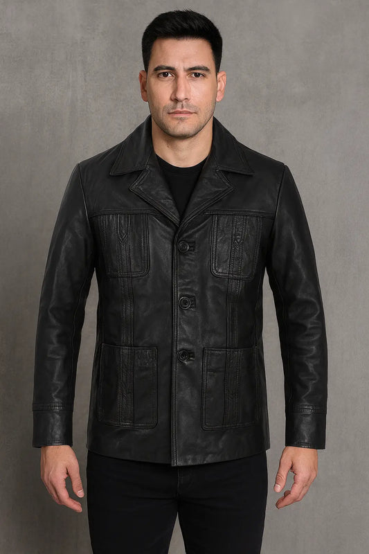 Front view of Sam Tyler Life on Mars black genuine leather jacket with button closure