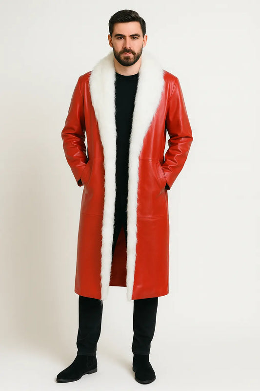 Front view of red leather Santa coat with white faux fur trim