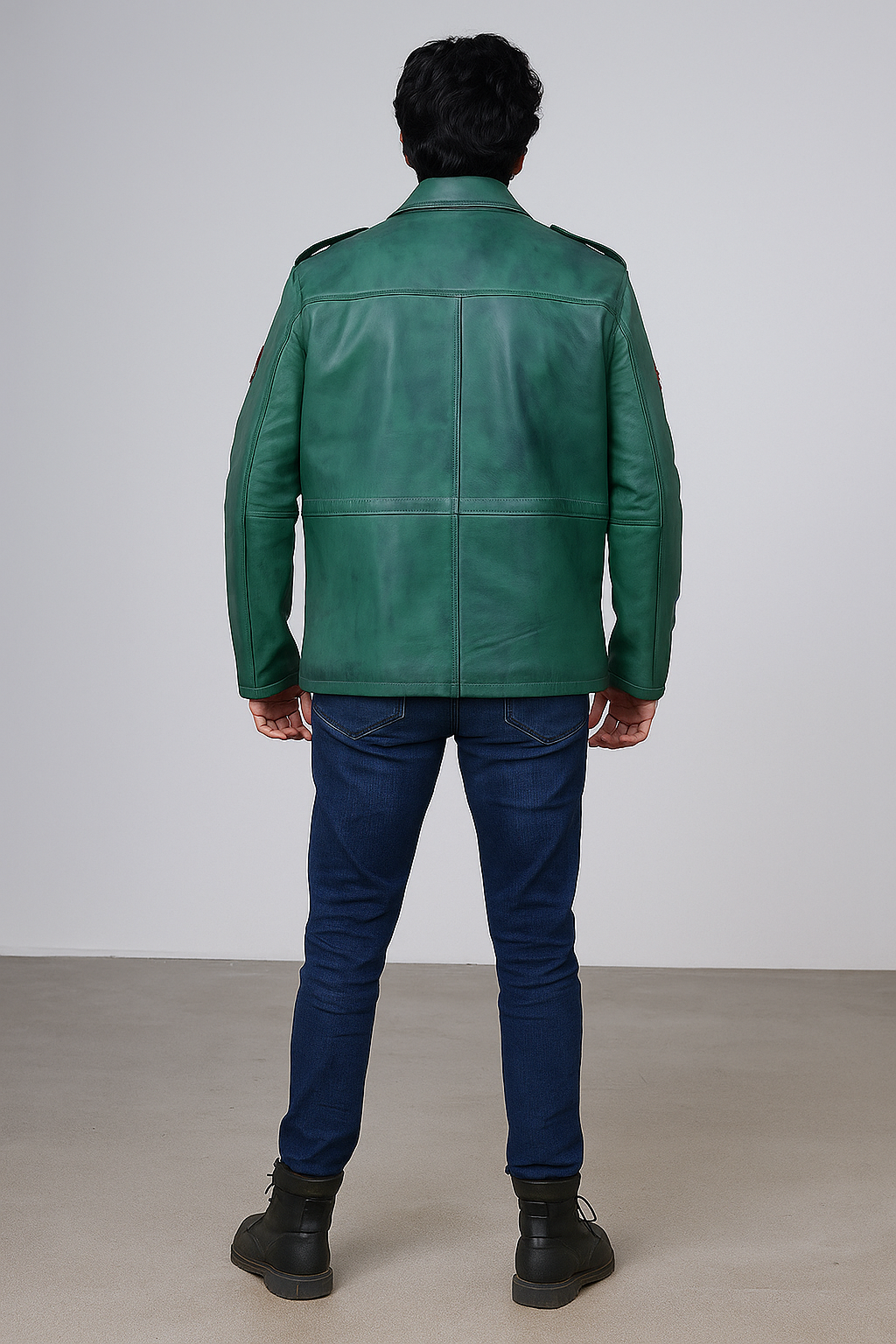 Back view of Silent Hill James Sunderland Green Leather Jacket in genuine leather with military-inspired design