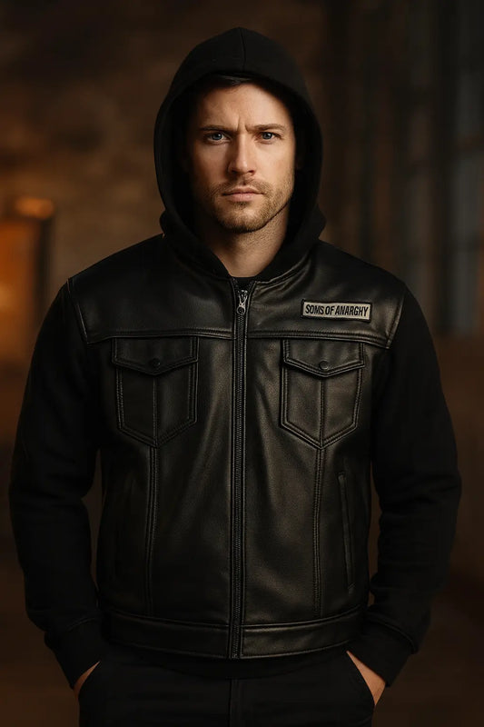 Front view of Sons of Anarchy black leather hooded jacket with patch design