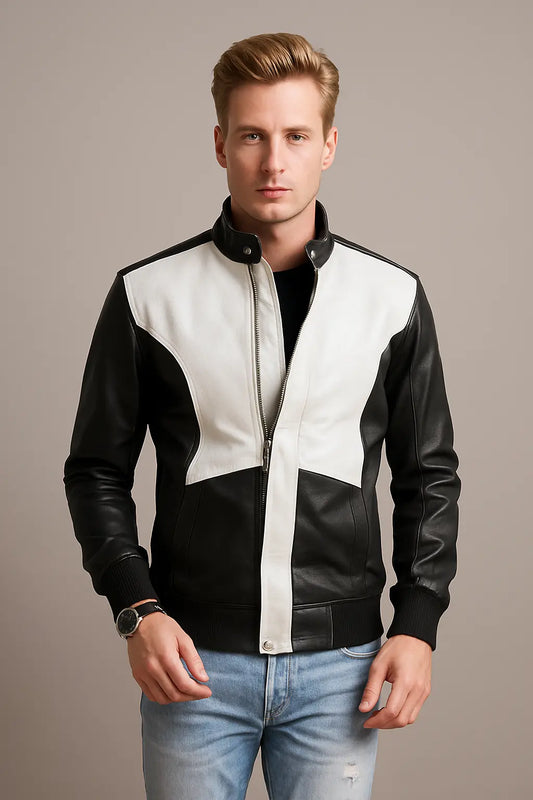 Spade Silver & Black Leather Bomber Jacket front view