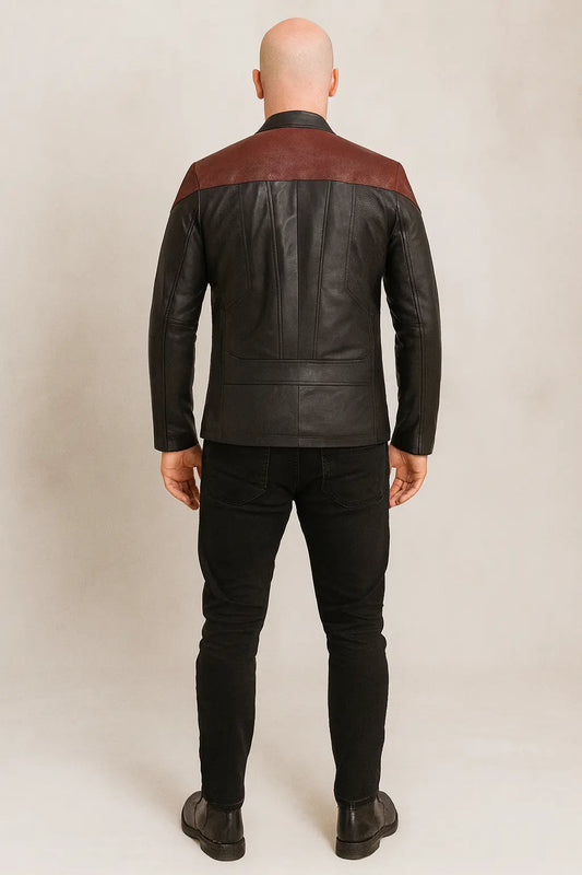Back view of Star Trek Picard Season 3 Captain Riker leather jacket in black with red shoulder design.