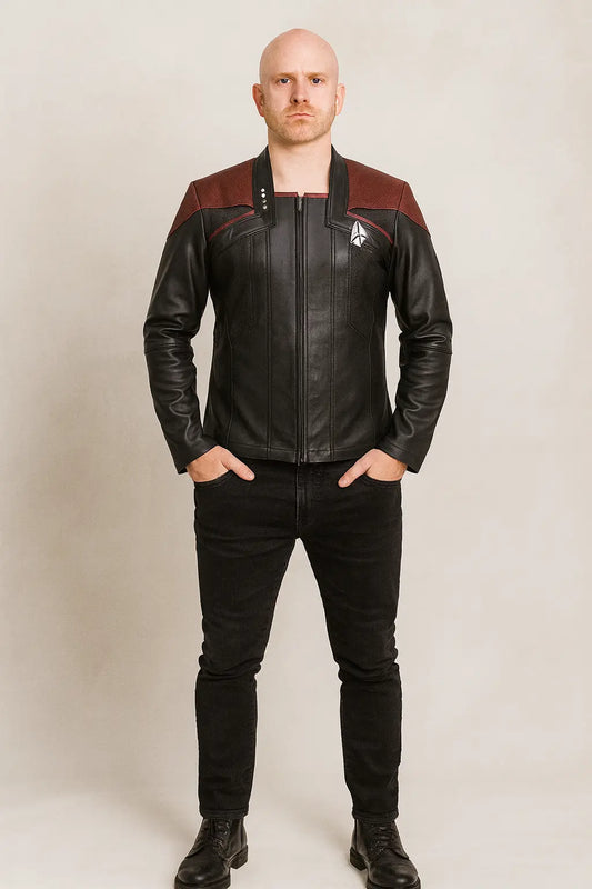 Front view of Star Trek Picard Season 3 Captain Riker black and red genuine leather jacket with zipper closure.
