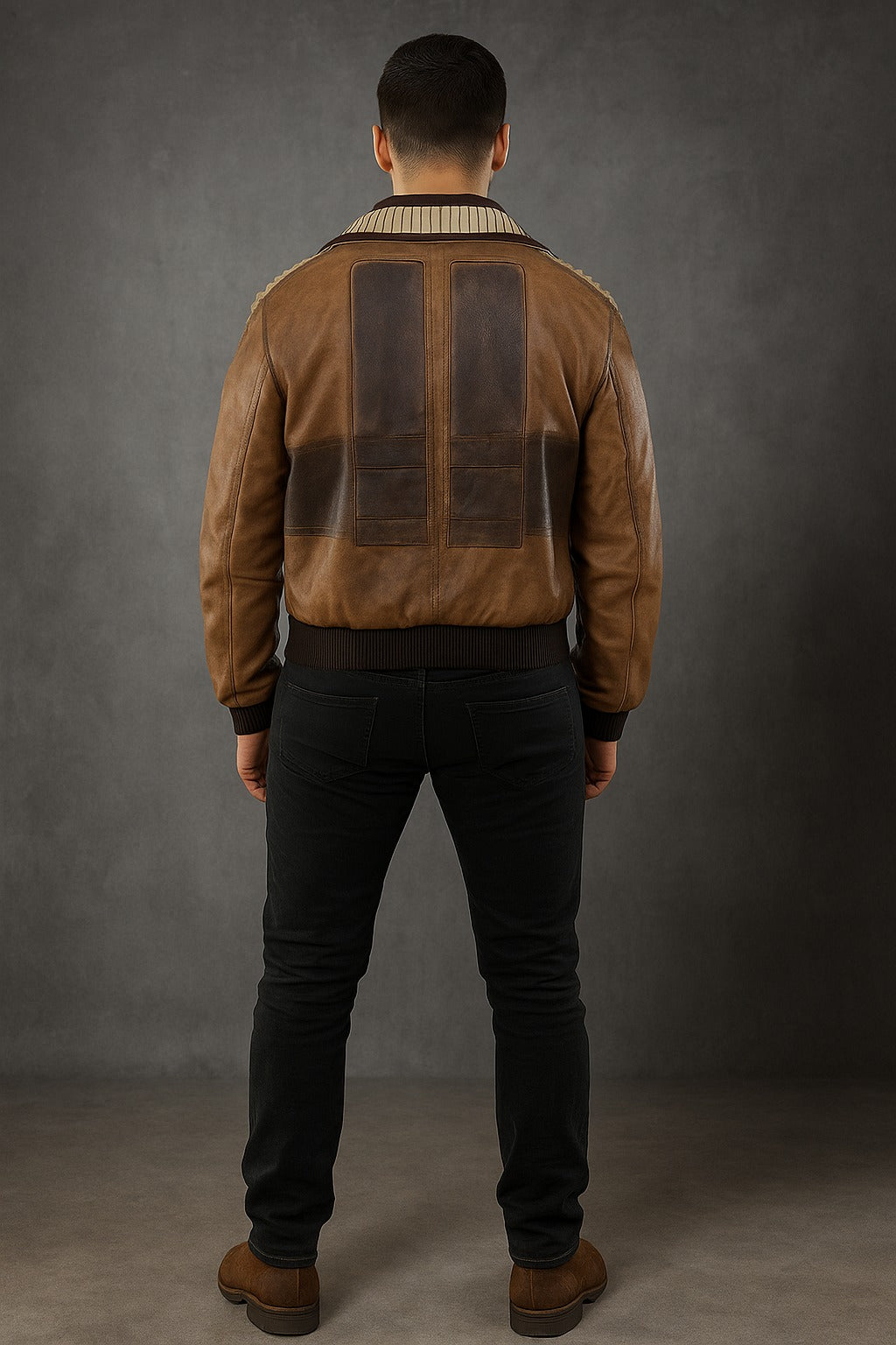 Back view of Star Wars Jedi Survivor Cal Kestis Brown Leather Bomber Jacket with screen-accurate detailing