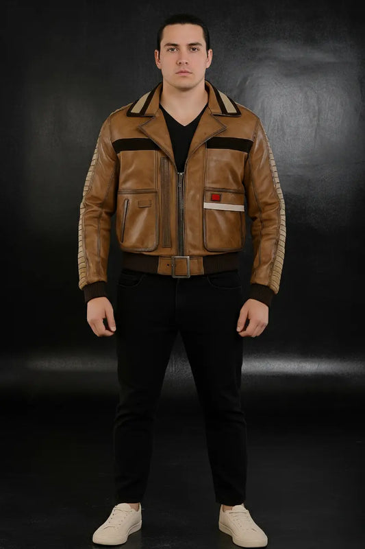 Front view of Star Wars Jedi Survivor Cal Kestis Bomber Leather Jacket in brown genuine leather with zipper closure
