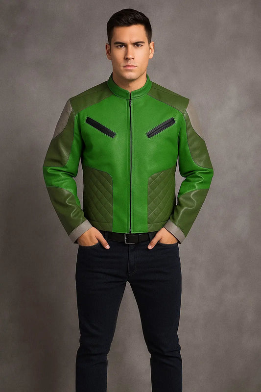 Front view of Star Wars Resistance Kazuda Xiono green leather jacket for men