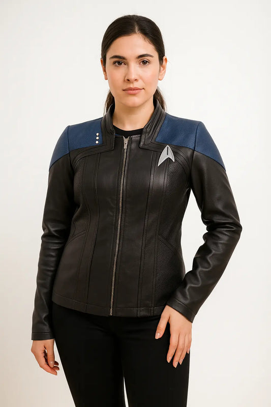 Front view of Deanna Troi Star Trek Picard Season 3 black leather jacket